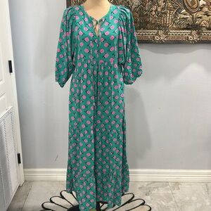 Floral Green and Pink‎ Flowers Maxi Dress. Size L